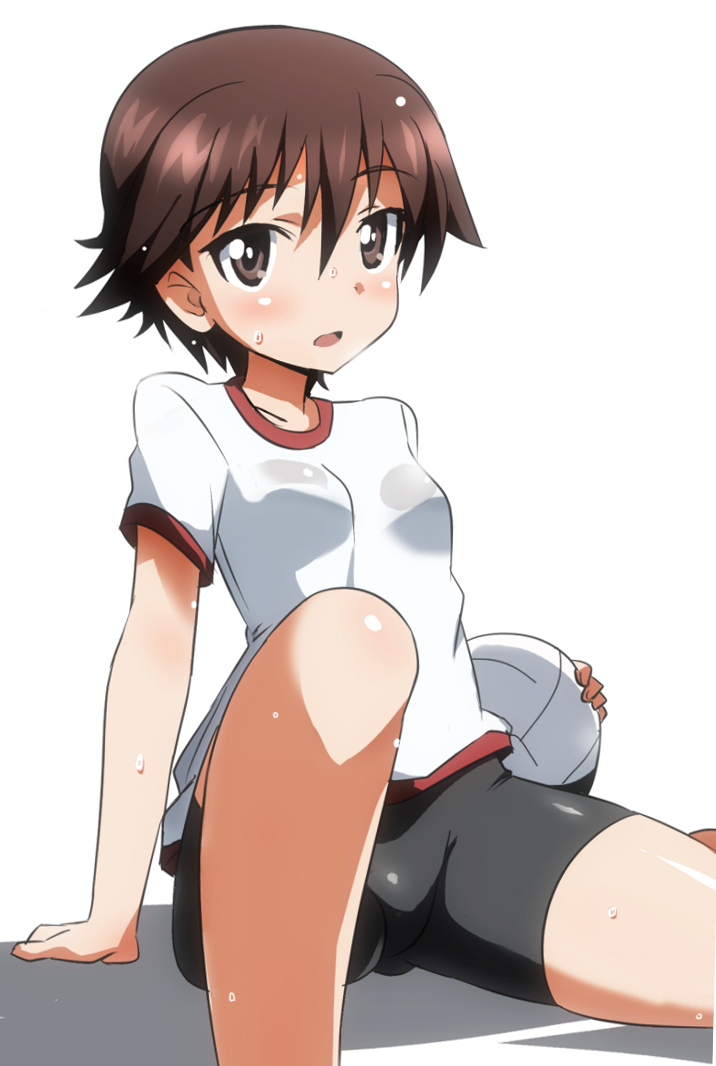 1girl arm_support bangs bike_shorts black_shorts breasts brown_eyes brown_hair girls_und_panzer gym_shirt gym_uniform holding isobe_noriko looking_at_viewer official_style open_mouth shirt short_hair short_shorts short_sleeves shorts simple_background sitting small_breasts solo sweat t-shirt volleyball white_background white_shirt yumekaranigeruna