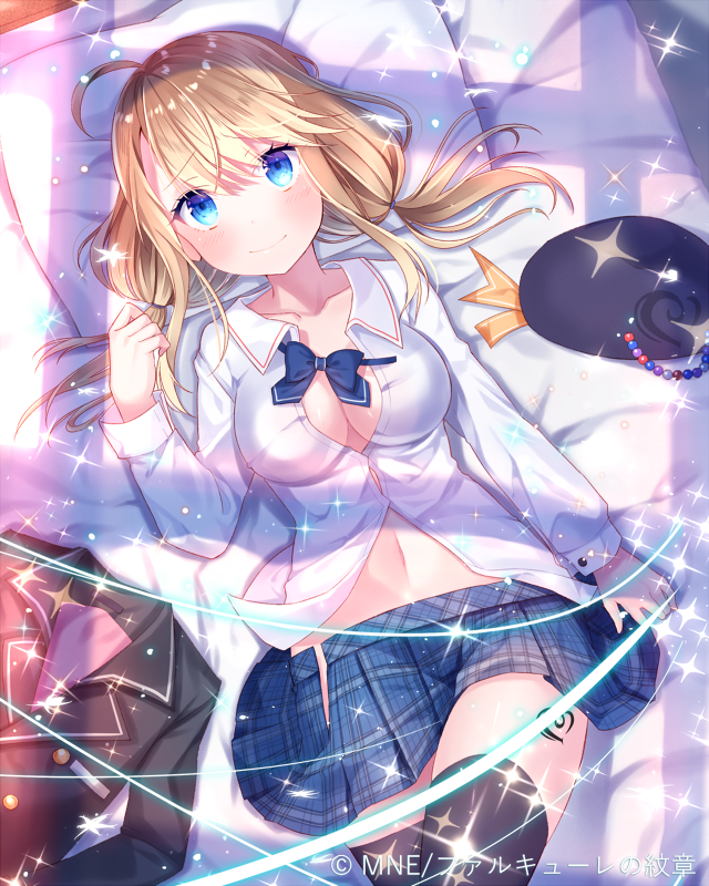 1girl ahoge bangs beret black_legwear blonde_hair blouse blush breasts closed_mouth clothes_removed copyright_name eyebrows_visible_through_hair falkyrie_no_monshou hat long_sleeves low_twintails lying medium_breasts official_art on_back on_bed partially_unbuttoned pillow plaid plaid_skirt pleated_skirt school_uniform skirt smile solo sparkle thigh-highs twintails watermark white_blouse yuraiko