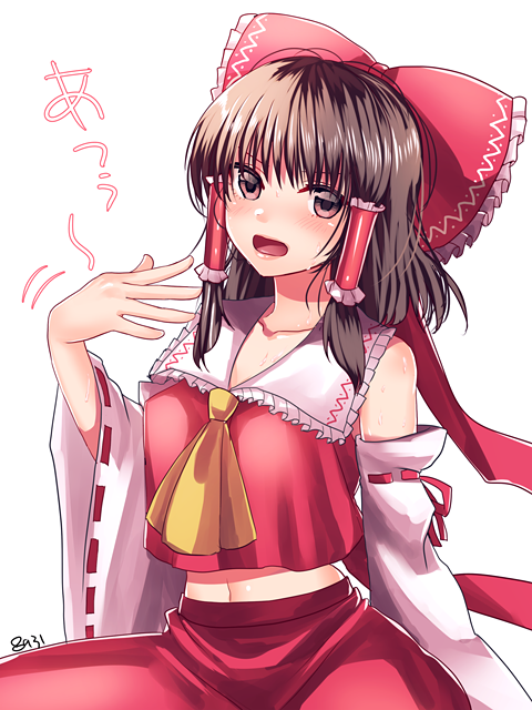 &gt;:o 1girl :o ascot bangs black_eyes black_hair blush bow detached_sleeves fanning_face frilled_shirt_collar frills hair_bow hair_tubes hakurei_reimu hakusai_ponzu hot long_hair looking_at_viewer navel nontraditional_miko open_mouth red_bow red_shirt red_skirt ribbon-trimmed_sleeves ribbon_trim shirt skirt skirt_set sleeveless sleeveless_shirt solo sweat touhou upper_body wide_sleeves