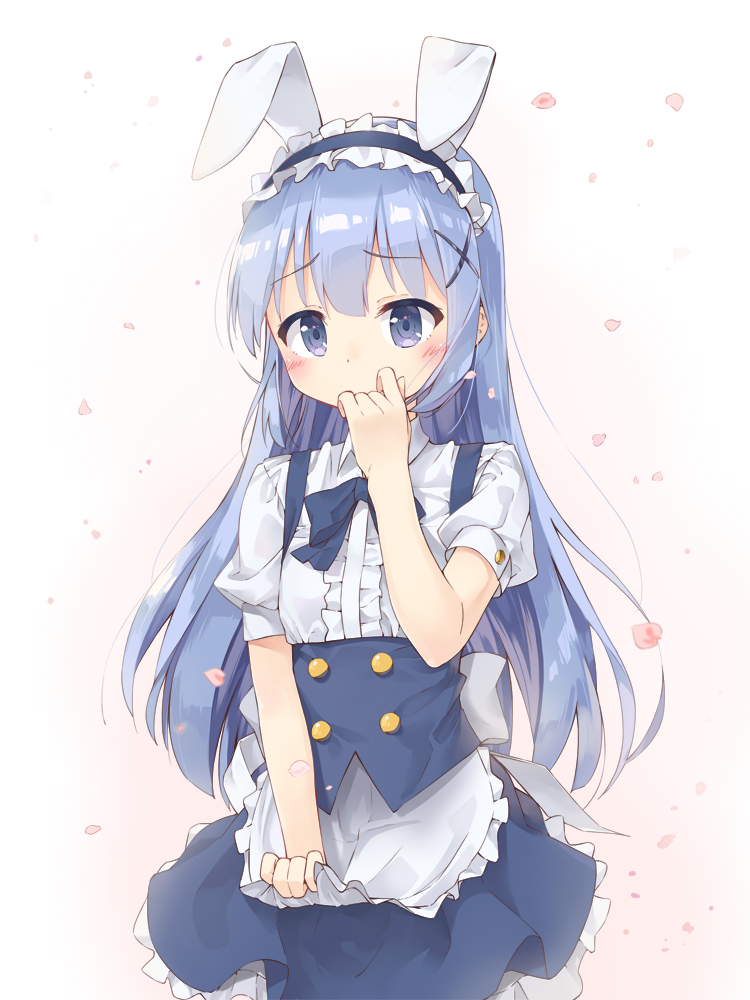 1girl alternate_costume animal_ears apron apron_lift bangs blue_bow blue_bowtie blue_eyes blue_skirt blush bow bowtie breasts coffeiz_p collared_shirt commentary_request covering_mouth cowboy_shot eyebrows_visible_through_hair fake_animal_ears fleur_de_lapin_uniform frilled_apron frilled_shirt frilled_skirt frills gochuumon_wa_usagi_desu_ka? gradient gradient_background hair_ornament hairclip kafuu_chino light_blue_hair long_hair looking_at_viewer maid_headdress petals puffy_short_sleeves puffy_sleeves rabbit_ears shirt short_sleeves sidelocks skirt small_breasts solo standing two-tone_background underbust uniform waist_apron white_apron wing_collar x_hair_ornament