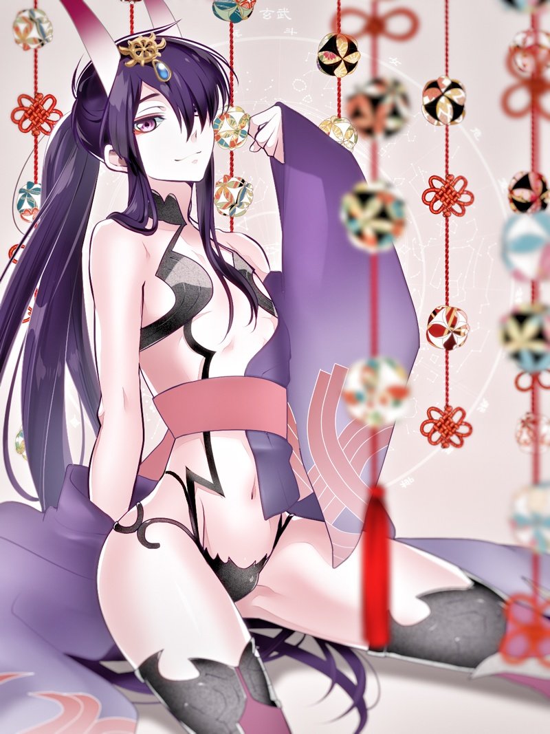 1boy black_hair blue_eyes cosplay cup drifters fangs fate/grand_order fate_(series) fujiwara_riyu hair_over_one_eye hair_ribbon japanese_clothes kimono long_hair looking_at_viewer male_focus nasu_no_yoichi oni oni_horns open_clothes open_kimono ponytail revealing_clothes ribbon sakazuki shuten_douji_(fate/grand_order) shuten_douji_(fate/grand_order)_(cosplay) smile solo trap