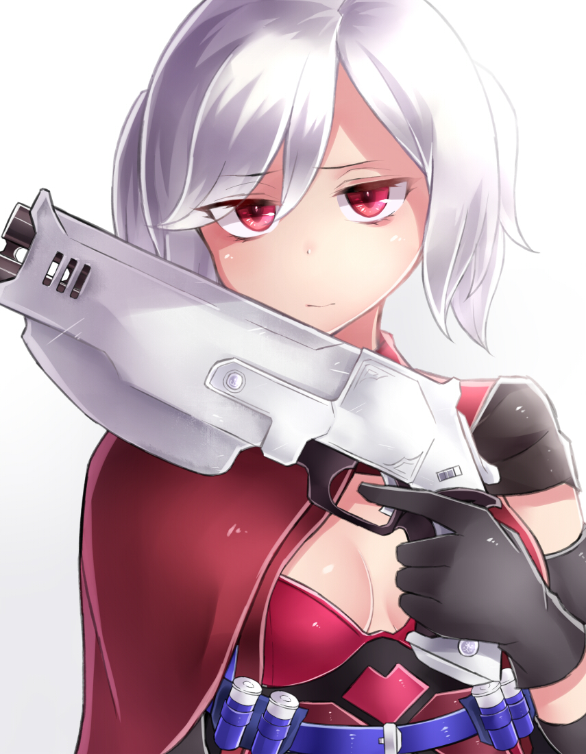 1girl belt breasts bullet bustier cape cleavage commentary_request elbow_gloves gloves gun holding holding_gun holding_weapon looking_at_viewer medium_breasts neit_ni_sei original red_eyes silver_hair solo twintails upper_body weapon