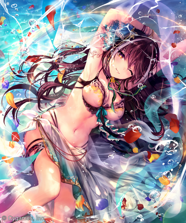 1girl ;) arm_up armpits bangs bikini breasts brown_eyes brown_hair bubble irua long_hair looking_at_viewer medium_breasts navel one_eye_closed parted_lips sarong shingeki_no_bahamut smile solo swimsuit water_surface watermark white_bikini