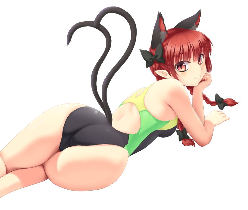 1girl alternate_costume animal_ears ass bangs bare_arms bare_legs bare_shoulders black_bow blush bow braid breasts cat_ears cat_tail competition_swimsuit extra_ears gomi_(gomitin) hair_bow kaenbyou_rin looking_at_viewer multiple_tails one-piece_swimsuit pointy_ears short_hair_with_long_locks small_breasts smile solo swimsuit tail thighs touhou twin_braids two_tails