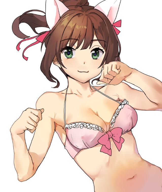 10s 1girl :3 alternate_hairstyle animal_ears arm bangs bare_arms bare_shoulders bikini breasts brown_hair cat_ears cleavage clenched_hands collarbone dutch_angle eyebrows_visible_through_hair female frill_trim green_eyes hair_ribbon halterneck idolmaster idolmaster_cinderella_girls looking_at_viewer maekawa_miku medium_breasts midriff navel neck paw_pose pink_bikini pink_swimsuit ponytail ribbon short_hair shovelwell simple_background smile solo swimsuit white_background