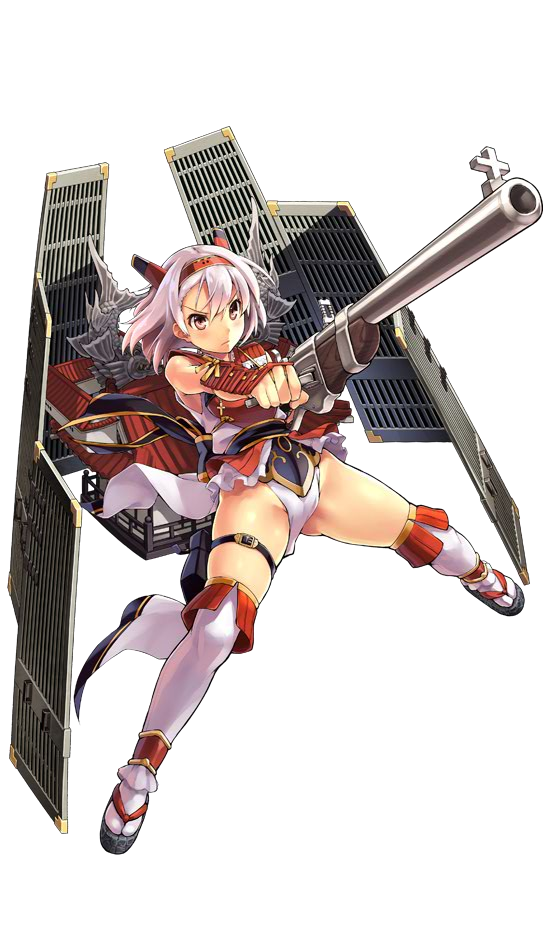 &gt;:| 1girl aizuwakamatsu_(oshiro_project) antique_firearm architecture armor breastplate castle east_asian_architecture firearm full_body gun hairband holding holding_weapon horns kekemotsu looking_at_viewer looking_up no_panties official_art oshiro_project oshiro_project_re red_eyes rifle shachihoko short_hair smile thigh-highs transparent_background weapon white_hair