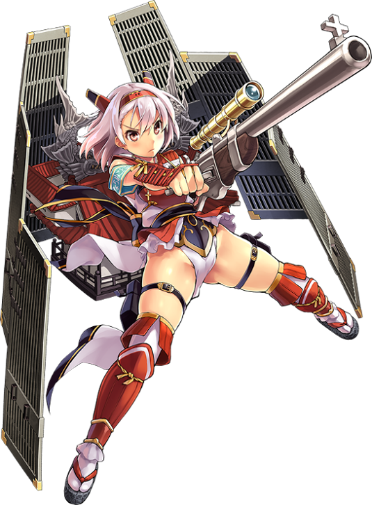 &gt;:| 1girl aizuwakamatsu_(oshiro_project) antique_firearm architecture armband armor breastplate castle east_asian_architecture firearm full_body gun hairband holding holding_weapon horns kekemotsu looking_at_viewer looking_up no_panties official_art oshiro_project oshiro_project_re red_eyes rifle scope shachihoko short_hair smile thigh-highs transparent_background weapon white_hair