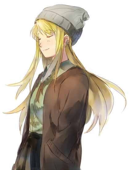 1girl blonde_hair closed_eyes coat earrings eyebrows_visible_through_hair fullmetal_alchemist green_shirt hand_in_pocket happy hat jewelry long_hair riru shirt simple_background skirt smile solo_focus white_background wind wind_lift winry_rockbell