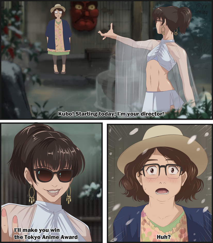 2girls blush breasts brown_eyes brown_hair comic commentary earrings emphasis_lines english fountain glasses groin halter_top halterneck hat hoop_earrings jewelry kubo_mitsurou_(character) leggings lips multiple_girls open_mouth outstretched_arm over-rim_glasses real_life sasha_gladysh semi-rimless_glasses short_ponytail side_slit skirt small_breasts smile sunglasses teeth veil white_skirt yamamoto_sayo