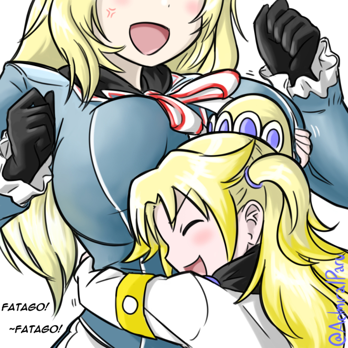 2girls admiral_paru atago_(kantai_collection) black_gloves black_scarf blonde_hair breast_press breasts closed_eyes english gloves hair_tie head_out_of_frame height_difference high_ponytail hug kantai_collection large_breasts little_girl_admiral_(kantai_collection) minty_mackenzie multiple_girls open_mouth scarf side_ponytail smile twitter_username uniform