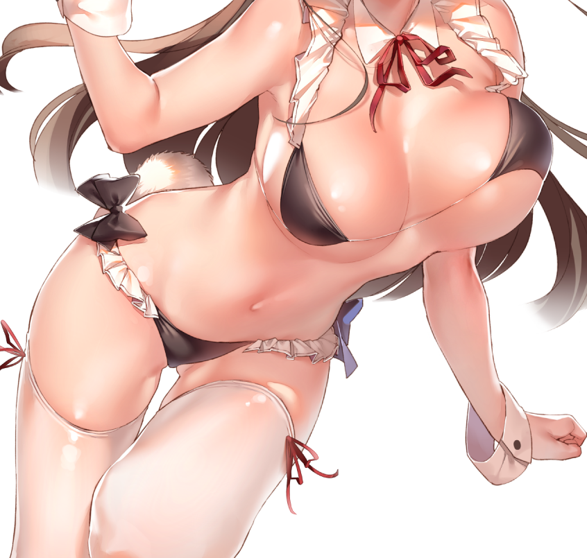 1girl bikini black_bikini black_hair breasts cleavage detached_collar dsmile frill_trim gluteal_fold head_out_of_frame large_breasts long_hair navel ribbon simple_background solo swimsuit thigh-highs unaligned_breasts unfinished white_background white_legwear wrist_cuffs