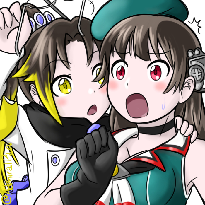 2girls admiral_paru beret black_gloves black_scarf blonde_hair breasts brown_hair choker choukai_(kantai_collection) cleavage gloves hat high_ponytail kantai_collection large_breasts little_girl_admiral_(kantai_collection) minty_mackenzie multicolored_hair multiple_girls open_mouth red_eyes removing_glasses scarf sweatdrop teasing twitter_username two-tone_hair yellow_eyes