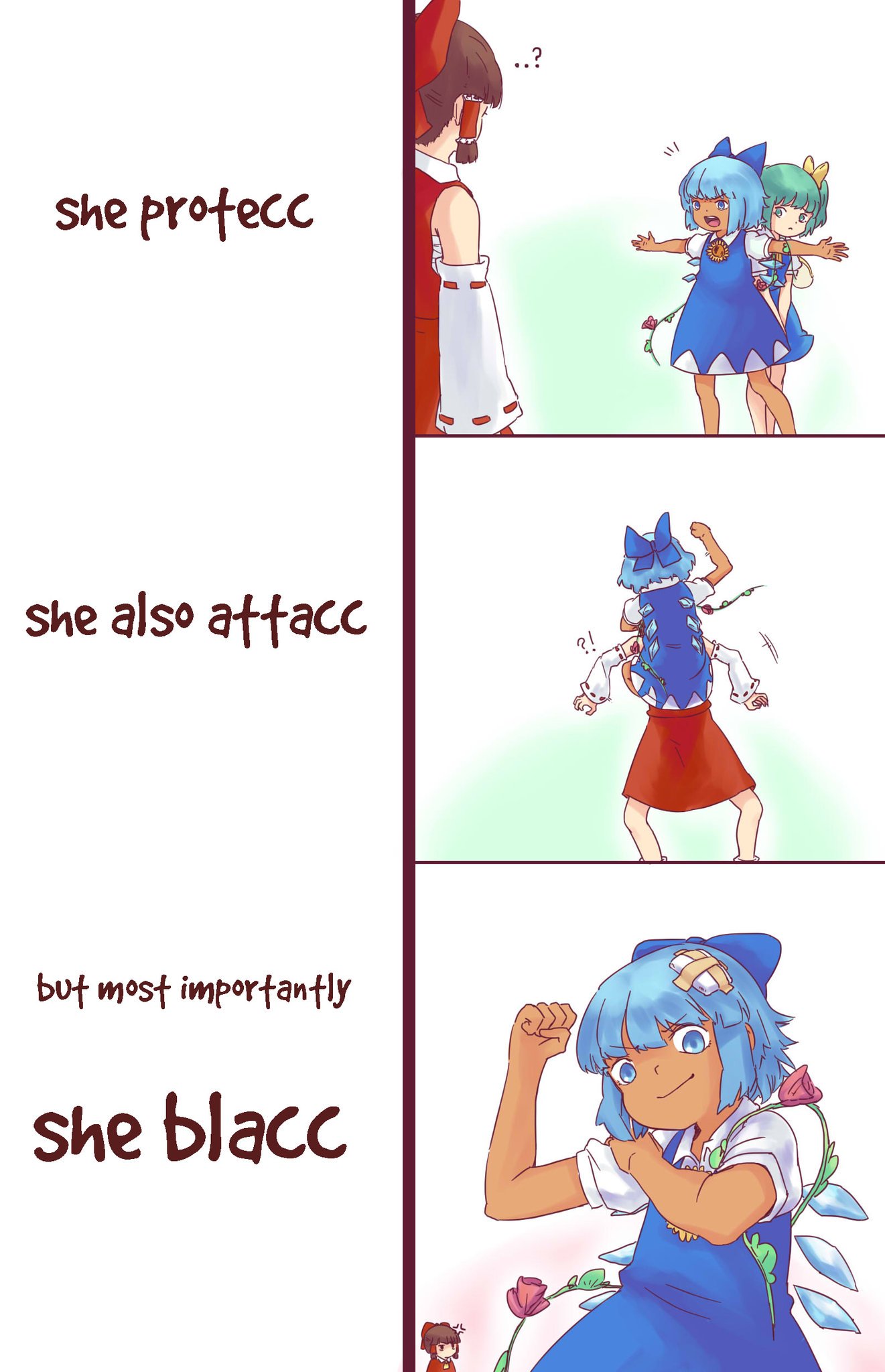 !? 3girls anger_vein bandage behind_another blue_eyes blue_hair cirno commentary daiyousei dark_skin engrish fighting flexing flower hakurei_reimu highres injury meme multiple_girls outstretched_arms plant pose ranguage short_hair spread_arms tanned_cirno touhou vines yoruny