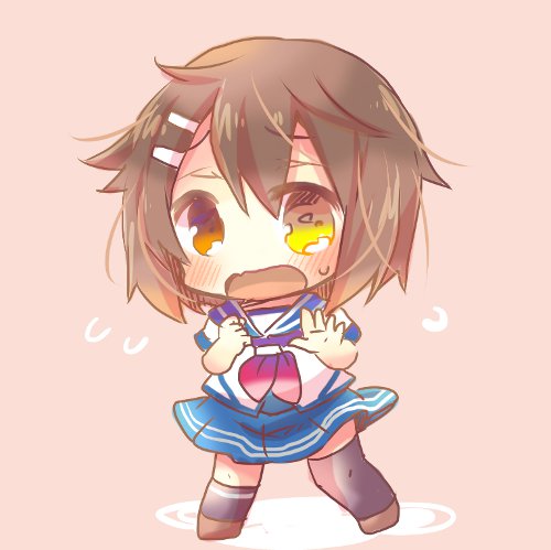 10s 1girl black_background brown_hair chibi full_body furutaka_(kantai_collection) hair_ornament hairclip heterochromia kantai_collection kouu_hiyoyo lowres open_mouth pink_background school_uniform serafuku short_hair simple_background single_thighhigh solo standing thigh-highs wavy_mouth