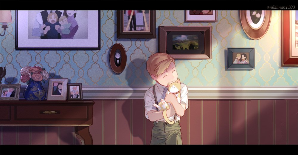 1boy ^_^ against_wall alphonse_elric animal artist_name blonde_hair cat child closed_eyes flower frame fullmetal_alchemist green_pants happy holy_pumpkin hug male_focus pants photo shadow shirt short_hair smile solo_focus sunlight suspenders table twitter_username vase wall white_shirt