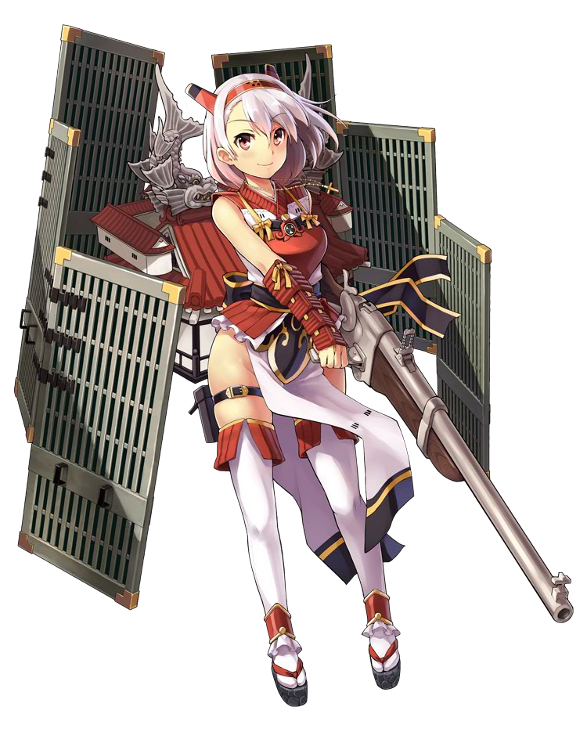 1girl aizuwakamatsu_(oshiro_project) antique_firearm architecture armor breastplate castle east_asian_architecture firearm full_body gun hairband holding holding_weapon horns kekemotsu looking_at_viewer no_panties official_art oshiro_project oshiro_project_re red_eyes rifle shachihoko short_hair smile thigh-highs transparent_background weapon white_hair