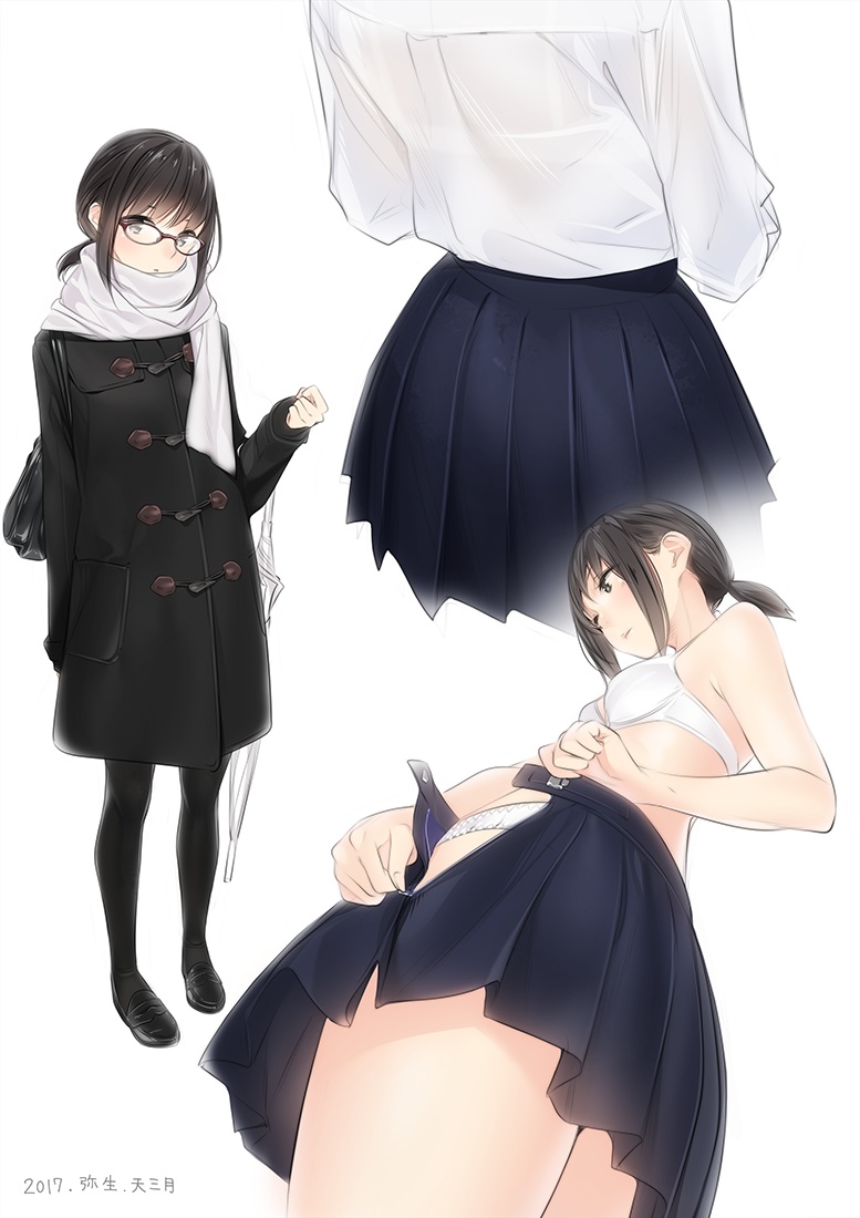 10s 1girl alternate_costume ama_mitsuki artist_name bag bangs bespectacled black_eyes black_hair black_legwear black_shoes black_skirt blouse bra breasts closed_umbrella coat commentary dated dressing fubuki_(kantai_collection) glasses kantai_collection loafers long_sleeves looking_at_viewer low_ponytail miniskirt panties pantyhose pleated_skirt scarf shoes sidelocks simple_background skirt small_breasts standing umbrella underwear white_background white_blouse white_bra white_panties white_scarf