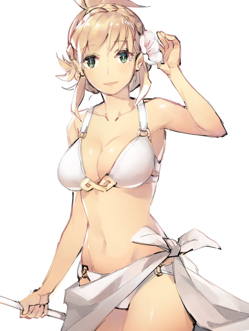 1girl bikini blonde_hair blush braid breasts fire_emblem fire_emblem_heroes gebyy-terar green_eyes long_hair looking_at_viewer navel open_mouth sharena simple_background smile solo swimsuit white_background