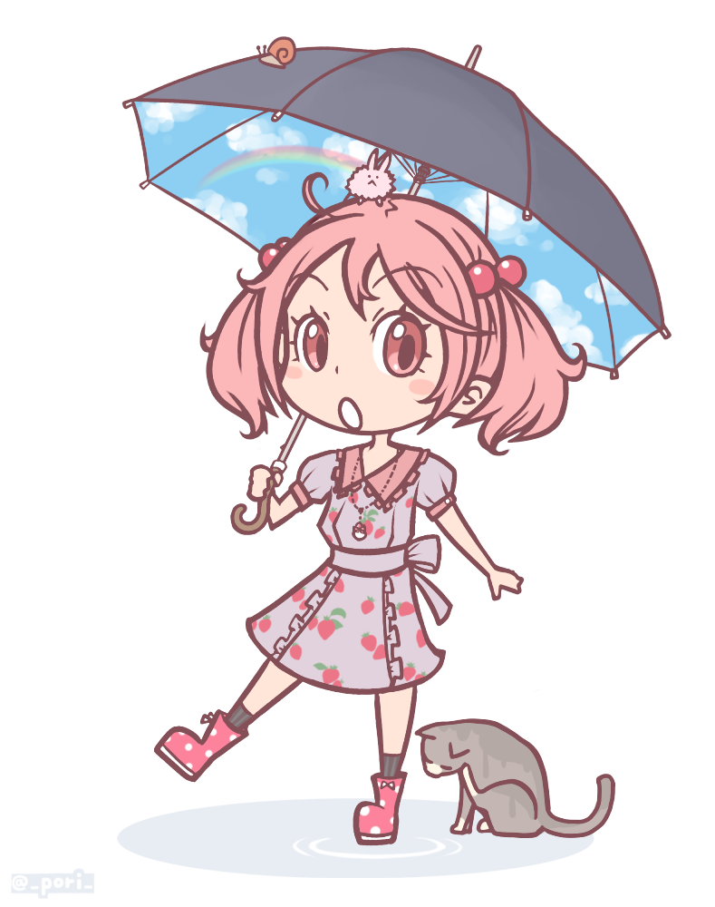 10s 1girl alternate_costume cat food_print hair_bobbles hair_ornament holding holding_umbrella jewelry kantai_collection lavender_dress necklace open_mouth pink_eyes pink_hair pori_(poritan81) puffy_short_sleeves puffy_sleeves sazanami_(kantai_collection) short_hair short_sleeves snail solo strawberry_print twintails twitter_username umbrella white_background