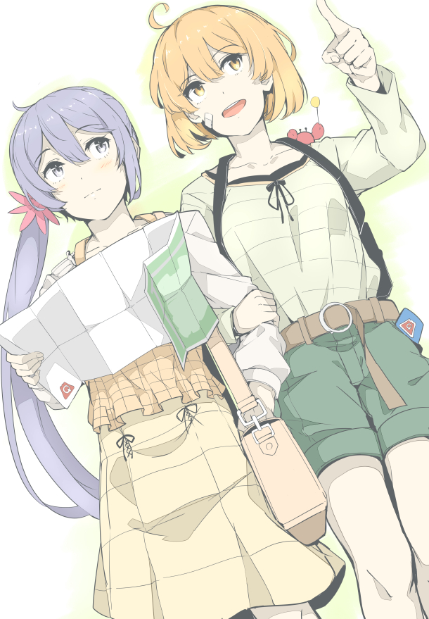 10s 2girls :d ahoge akebono_(kantai_collection) alternate_costume bag bandaid bandaid_on_face bell brown_eyes brown_hair casual commentary_request contemporary crab flower grey_eyes hair_flower hair_ornament handbag holding kantai_collection long_hair map multiple_girls ninimo_nimo oboro_(kantai_collection) open_mouth purple_hair short_hair shorts side_ponytail skirt smile