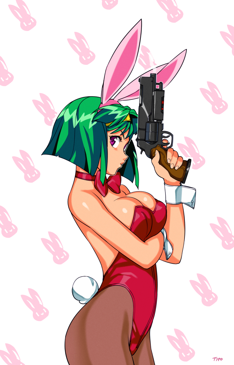 1girl animal_ears breast_squeeze breasts bunny_girl bunny_tail bunnysuit burn-up_w commentary fake_animal_ears from_side green_hair gun handgun headband highres holding holding_gun holding_weapon jinguu_maya large_breasts leotard looking_at_viewer pantyhose patterned_background playboy_bunny_leotard rabbit_ears red_leotard revolver solo tail typo_(requiemdusk) violet_eyes weapon wristband