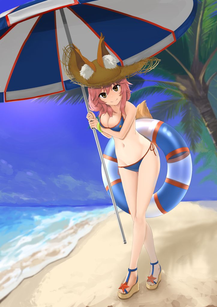 1girl animal_ears bikini blue_bikini breasts cleavage day ears_through_headwear fate/extra fate/grand_order fate_(series) fox_ears fox_tail hat large_breasts long_hair looking_at_viewer navel ocean outdoors palm_tree parasol pink_hair quuukiii solo swimsuit tail tamamo_(fate)_(all) tamamo_no_mae_(swimsuit_lancer)_(fate) tree umbrella yellow_eyes
