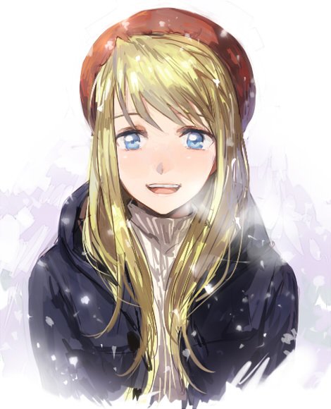 1girl :d blonde_hair blue_eyes breath coat eyebrows_visible_through_hair fullmetal_alchemist hat long_hair looking_at_viewer open_mouth riru simple_background smile snow snowflakes solo_focus white_background winry_rockbell winter_clothes