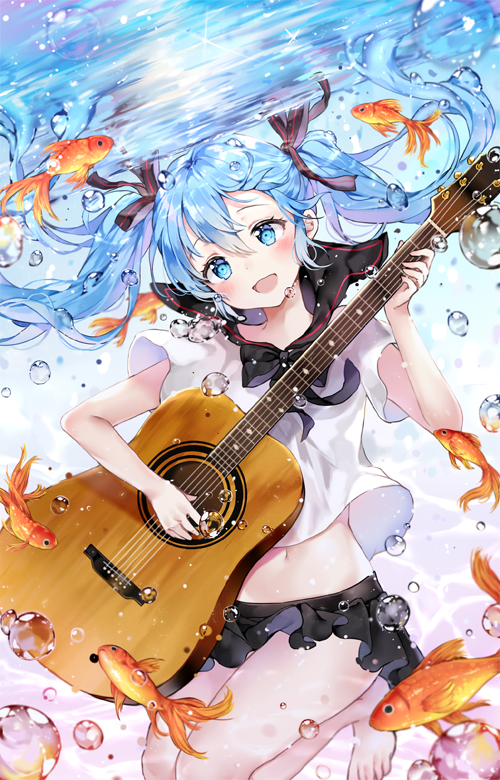 1girl acoustic_guitar air_bubble bangs barefoot black_skirt blouse blue_eyes blue_hair blush bottle_miku fish goldfish guitar hair_between_eyes hatsune_miku holding holding_instrument instrument legs_together lib liquid_hair long_hair navel open_mouth school_uniform serafuku short_sleeves skirt smile solo tareme thighs twintails underwater very_long_hair vocaloid white_blouse