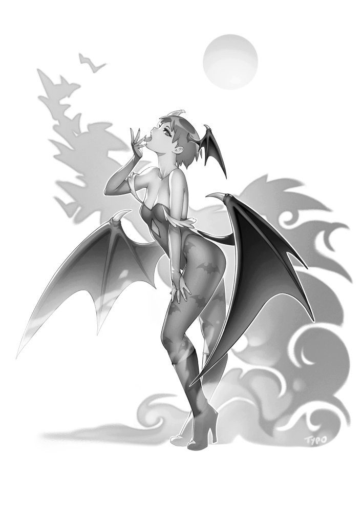 1girl animal_print bat_print bat_wings boots breasts bridal_gauntlets commentary demon_girl full_body greyscale head_wings high_heel_boots high_heels leotard lilith_aensland looking_at_viewer monochrome moon open_mouth pantyhose print_legwear short_hair small_breasts solo tongue tongue_out typo_(requiemdusk) vampire_(game) wings