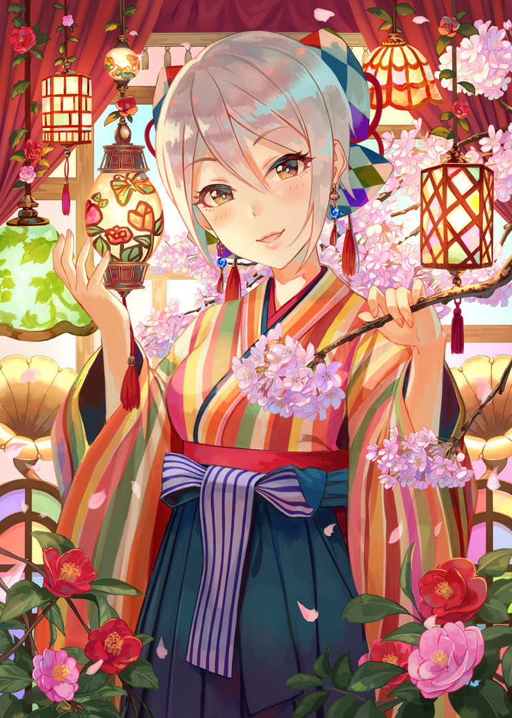 10s 1girl blush branch breasts brown_eyes cherry_blossoms curtains earrings flower grey_hair hair_ornament hair_ribbon holding idolmaster idolmaster_cinderella_girls japanese_clothes jewelry kimono lamp long_sleeves looking_at_viewer medium_breasts open_mouth petals plant ribbon sash shiomi_shuuko short_hair smile solo striped striped_kimono terumii upper_body vertical-striped_kimono vertical_stripes wide_sleeves