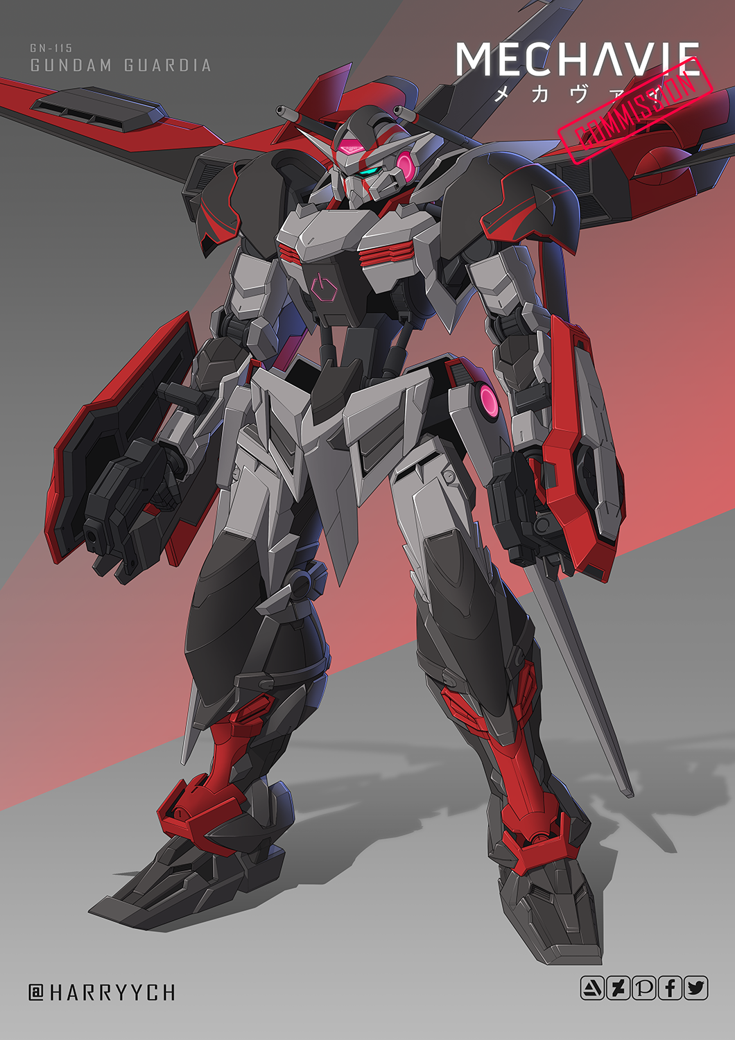 blue_eyes commission dual_wielding english_commentary full_body grey_background gun gundam gundam_00 harryych highres holding holding_gun holding_weapon looking_ahead mecha mobile_suit no_humans original robot science_fiction shadow shoulder_cannon solo standing v-fin weapon