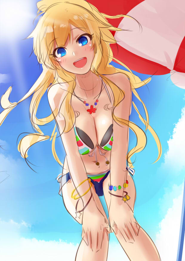10s 1girl bangs bare_shoulders bead_bracelet beads bikini blonde_hair blue_eyes bracelet breasts cleavage collarbone day front-tie_top hands_on_own_knees idolmaster idolmaster_cinderella_girls jewelry large_breasts leaning_forward legs lens_flare long_hair looking_at_viewer looking_down navel necklace ootsuki_yui open_mouth outdoors parasol ponytail short_shorts shorts sidelocks sketch sky smile solo striped striped_bikini sun swimsuit umbrella wavy_hair yamaguchi_(shinigami-no-barad)