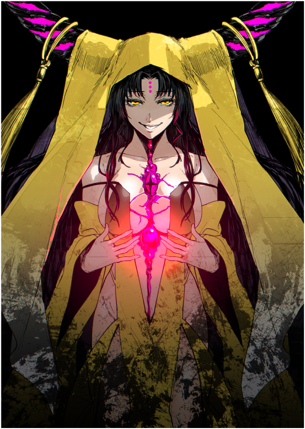 1girl black_hair breasts cleavage fate/extra fate/extra_ccc fate_(series) grin headwear horns long_hair looking_at_viewer s_tanly sesshouin_kiara smile solo yellow_eyes