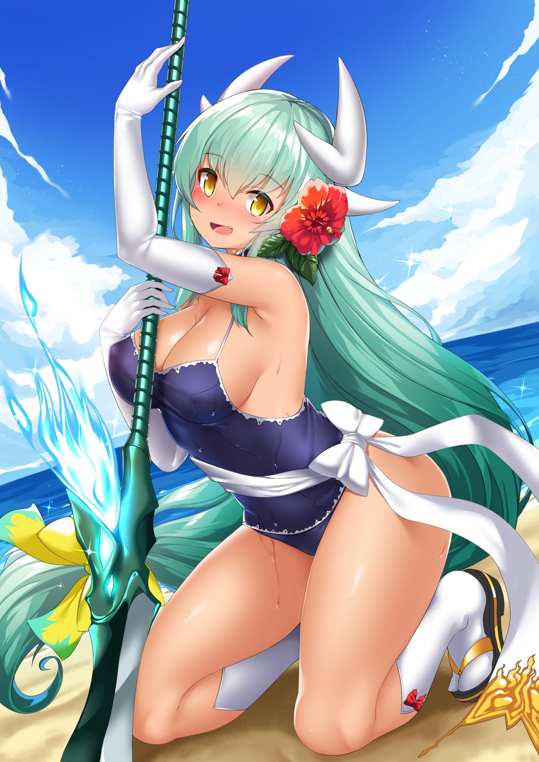 1girl aqua_hair arched_back bangs bare_shoulders beach blue_swimsuit blush bow clouds cloudy_sky commentary_request day elbow_gloves eyebrows_visible_through_hair fang fate/grand_order fate_(series) flower gloves hair_flower hair_ornament highres hips hitotsuki_nebura horns kiyohime_(fate/grand_order) kiyohime_(swimsuit_lancer)_(fate) kneeling long_hair long_ponytail looking_at_viewer low-tied_long_hair naginata ocean open_mouth outdoors polearm sandals sash sidelocks sky smile solo swimsuit thighs very_long_hair weapon wet white_gloves white_legwear yellow_eyes