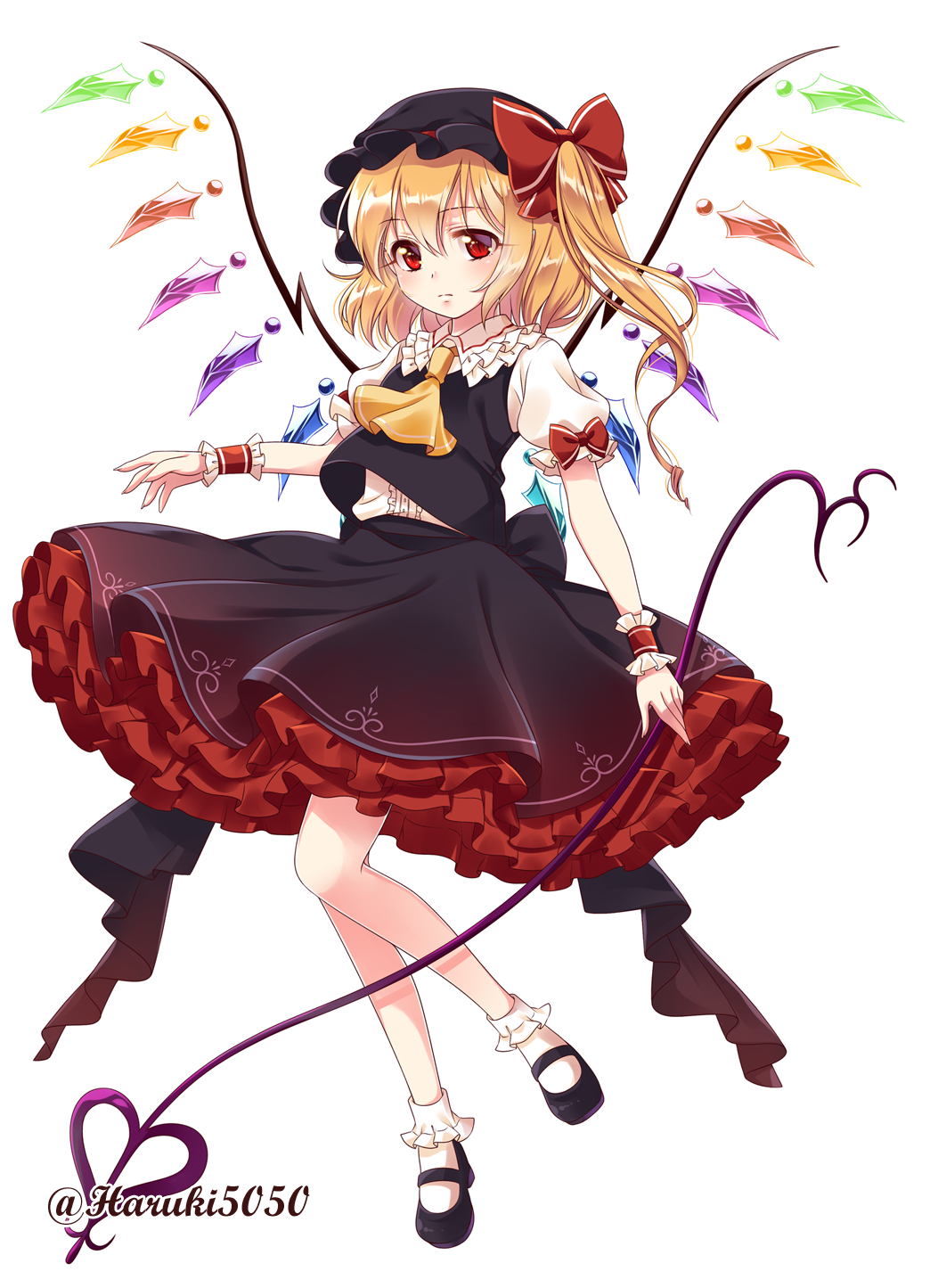 1girl alternate_costume ascot black_hat black_shoes black_skirt blonde_hair bobby_socks expressionless flandre_scarlet frilled_skirt frills full_body haruki_(colorful_macaron) hat highres holding holding_weapon laevatein looking_at_viewer mary_janes mob_cap puffy_short_sleeves puffy_sleeves red_eyes shoes short_sleeves simple_background skirt socks solo touhou twitter_username vest weapon white_background white_legwear wings wrist_cuffs