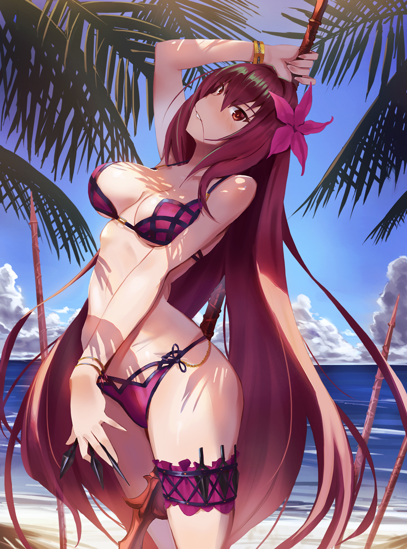1girl beach bikini blush breasts chiwa_(tsugumisky) commentary_request day fate/grand_order fate_(series) flower gae_bolg hair_flower hair_ornament kunai long_hair looking_at_viewer medium_breasts navel ocean outdoors purple_hair red_eyes revision sand scathach_(fate/grand_order) scathach_(swimsuit_assassin)_(fate) solo standing swimsuit thigh_strap tree_shade water weapon