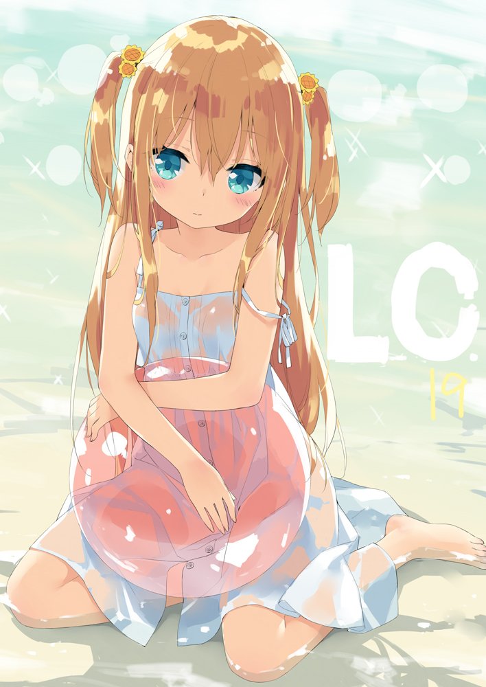 1girl aqua_eyes ball bare_shoulders barefoot blonde_hair collarbone commentary_request dress feet flower hair_between_eyes hair_flower hair_ornament long_hair looking_at_viewer original peko shimotsuki_potofu sitting sleeveless sleeveless_dress solo strap_slip sundress sunflower_hair_ornament toes two_side_up wet white_dress yokozuwari