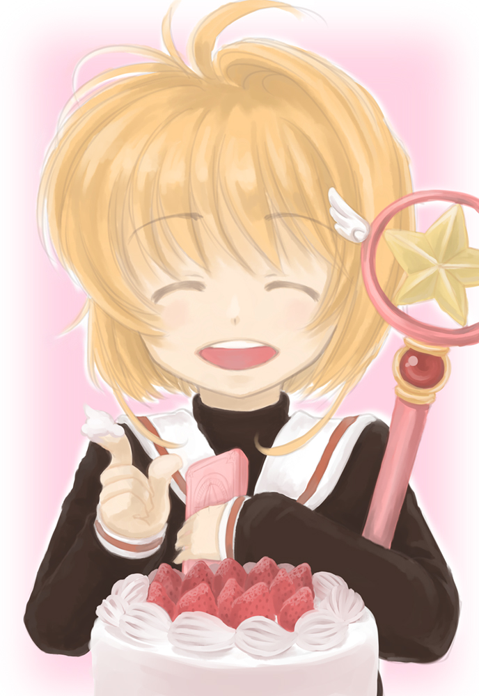 1girl birthday brown_hair cake card_captor_sakura closed_eyes facing_viewer food kinomoto_sakura lotte_hakui open_mouth school_uniform short_hair simple_background solo