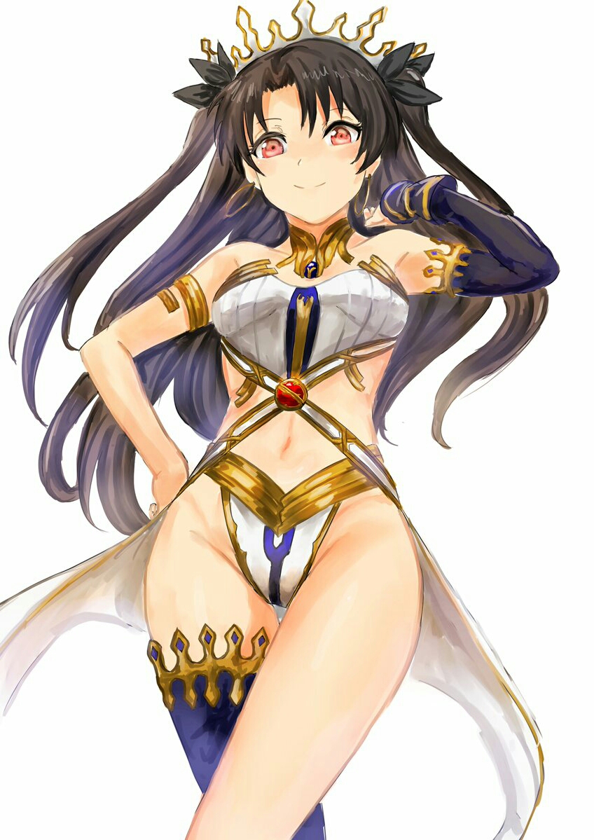 1girl artist_request bare_shoulders black_hair breasts crown earrings fate/grand_order fate_(series) hair_ribbon hoop_earrings ishtar_(fate/grand_order) jewelry long_hair looking_at_viewer red_eyes ribbon shiny shiny_skin simple_background single_thighhigh smile solo thigh-highs tohsaka_rin two_side_up white_background