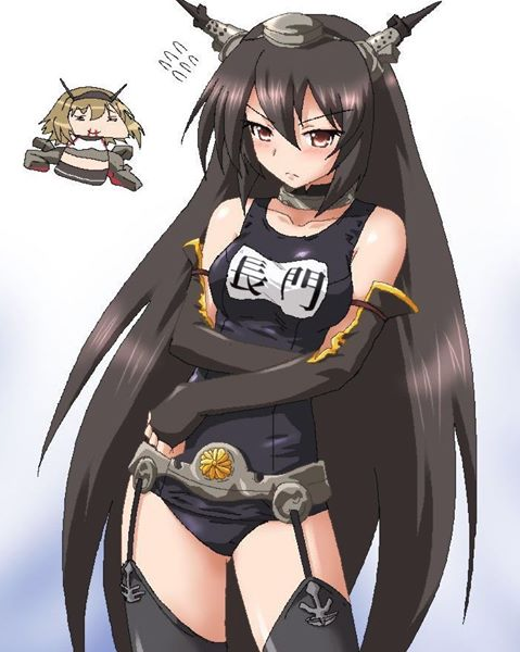 10s 1girl alternate_costume blush brown_hair chibi cropped downscaled embarrassed garter_belt garter_straps gauntlets hayashiya_zankurou headgear kantai_collection leggings looking_at_viewer md5_mismatch midriff miniskirt mutsu_(kantai_collection) nagato_(kantai_collection) radio_antenna red_eyes school_swimsuit short_hair skirt solo swimsuit