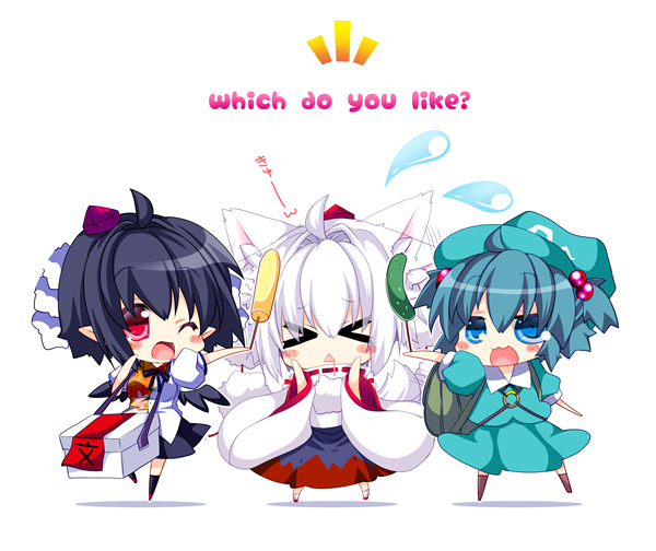 &gt;_&lt; 3girls :d ;d animal_ears aqua_hair arm_at_side backpack bag black_hair black_legwear black_wings blue_eyes blush_stickers chibi closed_eyes collared_shirt commentary_request cucumber drooling ear_twitch english eyebrows_visible_through_hair flying_sweatdrops food food_on_head full_body hair_between_eyes hair_bobbles hair_ornament hand_up hands_up hat hikanyan holding holding_food inubashiri_momiji kawashiro_nitori leaf-pattern_stripe looking_at_another multiple_girls object_on_head one_eye_closed open_mouth outstretched_arm pointy_ears pom_pom_(clothes) puffy_short_sleeves puffy_sleeves red_eyes shameimaru_aya shirt short_hair short_sleeves simple_background skirt skirt_set smile socks standing tail tail_wagging tokin_hat touhou triangle_mouth two_side_up white_background white_hair wide_sleeves wings wolf_ears wolf_tail