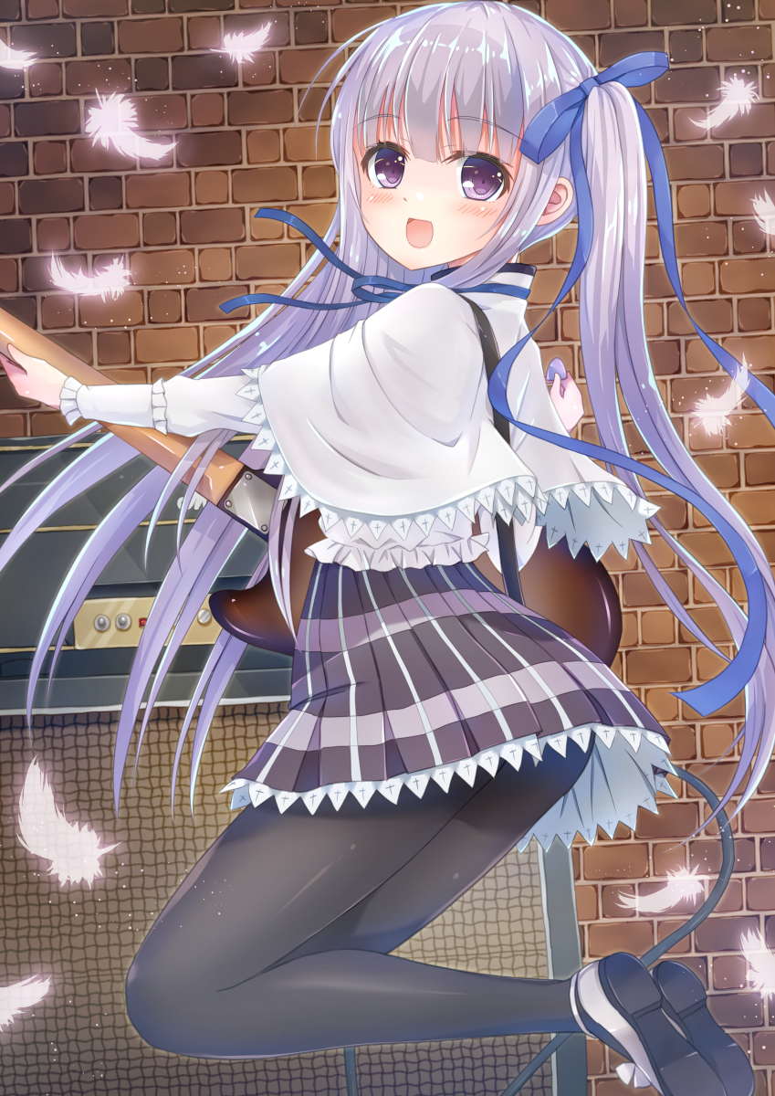 blush electric_guitar gotou_jun guitar hair_ribbon highres hoshimaemi instrument jumping lavender_eyes lavender_hair long_hair open_mouth pantyhose ribbon side_ponytail solo tenshi_no_3p!