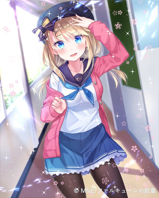 1girl arm_up bangs beret black_legwear blonde_hair blue_eyes blue_neckerchief blue_skirt blush cardigan copyright_name cowboy_shot day eyebrows_visible_through_hair falkyrie_no_monshou hair_ornament hairclip hand_up hat indoors looking_at_viewer low_twintails neckerchief official_art open_cardigan open_clothes open_mouth pantyhose pleated_skirt school school_uniform serafuku skirt smile solo sparkle twintails watermark yuraiko