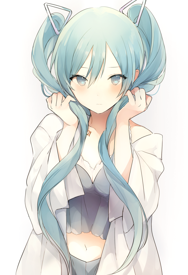 1girl adjusting_hair aqua_eyes aqua_hair breasts closed_mouth commentary crop_top eyes_visible_through_hair hair_between_eyes hair_ornament hatsune_miku long_hair looking_at_viewer lpip medium_breasts navel number off_shoulder open_clothes open_shirt shirt simple_background solo twintails vocaloid white_background white_shirt