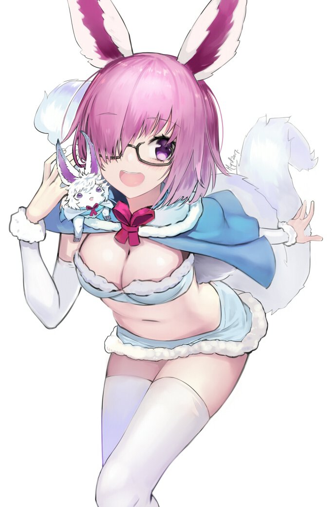 1girl artist_name breasts capelet cleavage cosplay detached_sleeve fate/grand_order fate_(series) fou_(fate/grand_order) fou_(fate/grand_order)_(cosplay) glasses hair_over_one_eye hat medium_breasts mins_(minevi) navel purple_hat shielder_(fate/grand_order) short_hair_with_long_locks smile solo tail thigh-highs thighs violet_eyes white_background