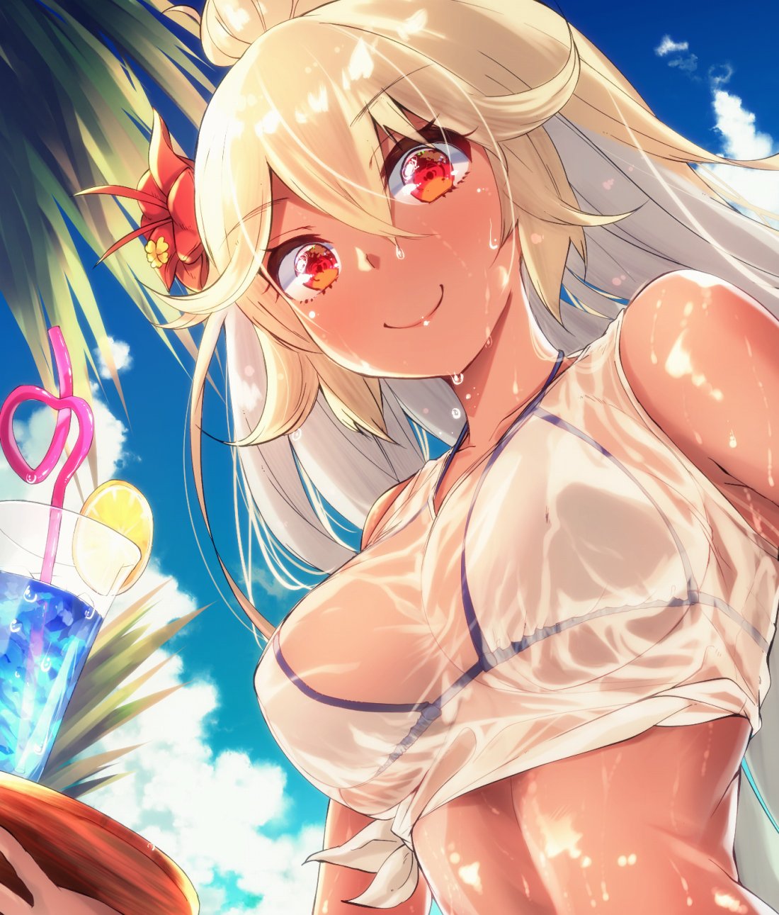 1girl bikini blonde_hair breasts cup dark_skin drinking_glass drinking_straw flower granblue_fantasy hair_flower hair_ornament hato_haru highres holding holding_tray large_breasts multicolored_hair red_eyes see-through shirt smile solo swimsuit the_order_grande tray two-tone_hair wet wet_clothes wet_shirt wet_t-shirt white_bikini white_hair