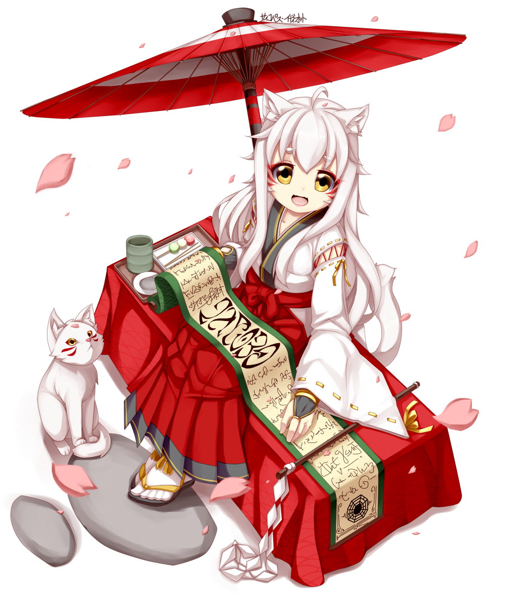 1girl :d artist_name bridal_gauntlets cat cherry_blossoms commentary cup dango food from_above gohei hakama japanese_clothes long_hair looking_at_viewer open_mouth oriental_umbrella original petals psychopath_idiot sanshoku_dango scroll simple_background sitting smile solo tray umbrella wagashi white_background white_hair wide_sleeves yellow_eyes yunomi