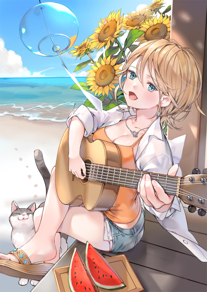 1girl blue_eyes blush breasts brown_hair cat cleavage collarbone denim denim_shorts eyebrows_visible_through_hair flower food fruit guitar holding holding_instrument instrument jewelry large_breasts looking_at_viewer necklace open_mouth short_hair shorts sitting smile solo summer_lesson sunflower tom_sun watermelon