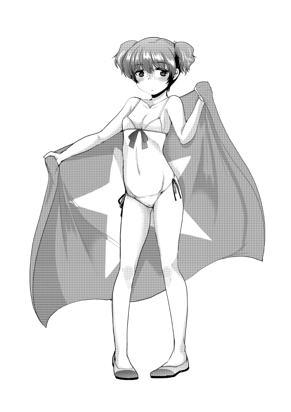 1girl alisa_(girls_und_panzer) bangs bikini blush breasts closed_mouth flag freckles front-tie_bikini front-tie_top full_body girls_und_panzer hair_ornament holding ichiko_(ichi) looking_at_viewer monochrome shoes short_hair short_twintails side-tie_bikini small_breasts solo standing star star_hair_ornament swimsuit twintails