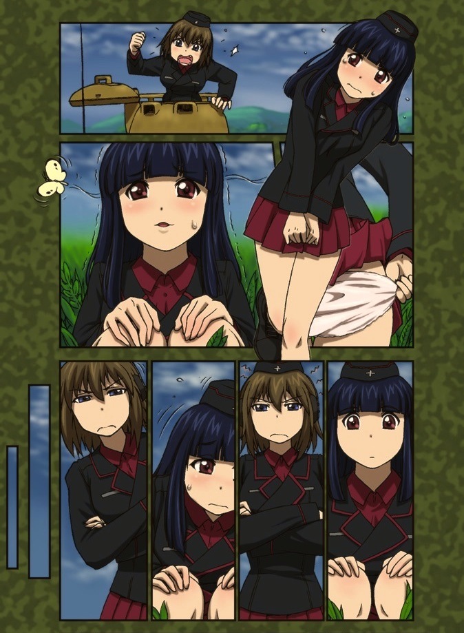 angry ankle_boots bangs black_boots black_hair black_hat black_jacket black_legwear blue_eyes blunt_bangs blush boots brown_hair butterfly closed_mouth colored_pencil_(medium) comic crossed_arms day dress_shirt extra flying_sweatdrops frown fume garrison_cap girls_und_panzer grass hat have_to_pee headphones jacket kuromorimine_military_uniform long_hair long_sleeves looking_at_another military military_hat military_uniform miniskirt outdoors panties panty_pull parted_lips pleated_skirt red_shirt red_skirt shirt short_hair shouting skirt skirt_lift socks squatting standing tank_cupola tearing_up toyomaru traditional_media trembling underwear uniform violet_eyes wavy_mouth white_panties